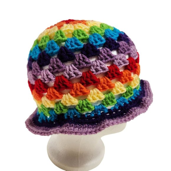 Bucket Hat multicolor granny handknit bright colorful rainbow - Picture 1 of 7